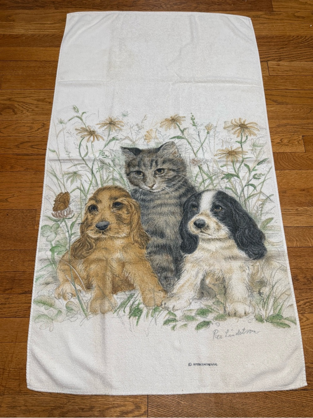 VTG 80s Rex Lindstrom Kel-Tex Beach Towel Featuring (2) Cocker Spaniels & Tabby